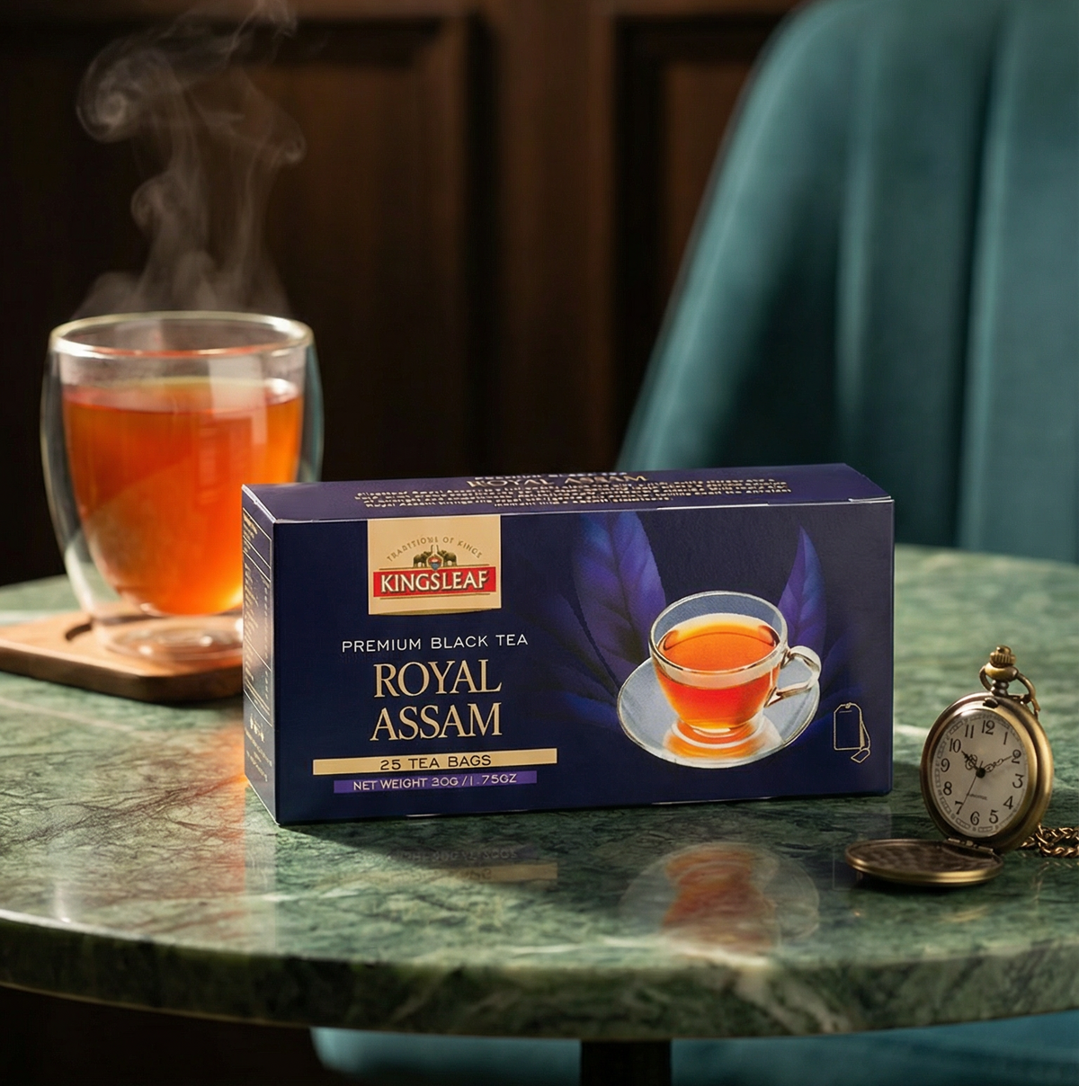 Herbata Kingsleaf Royal Assam w granatowym pudełku