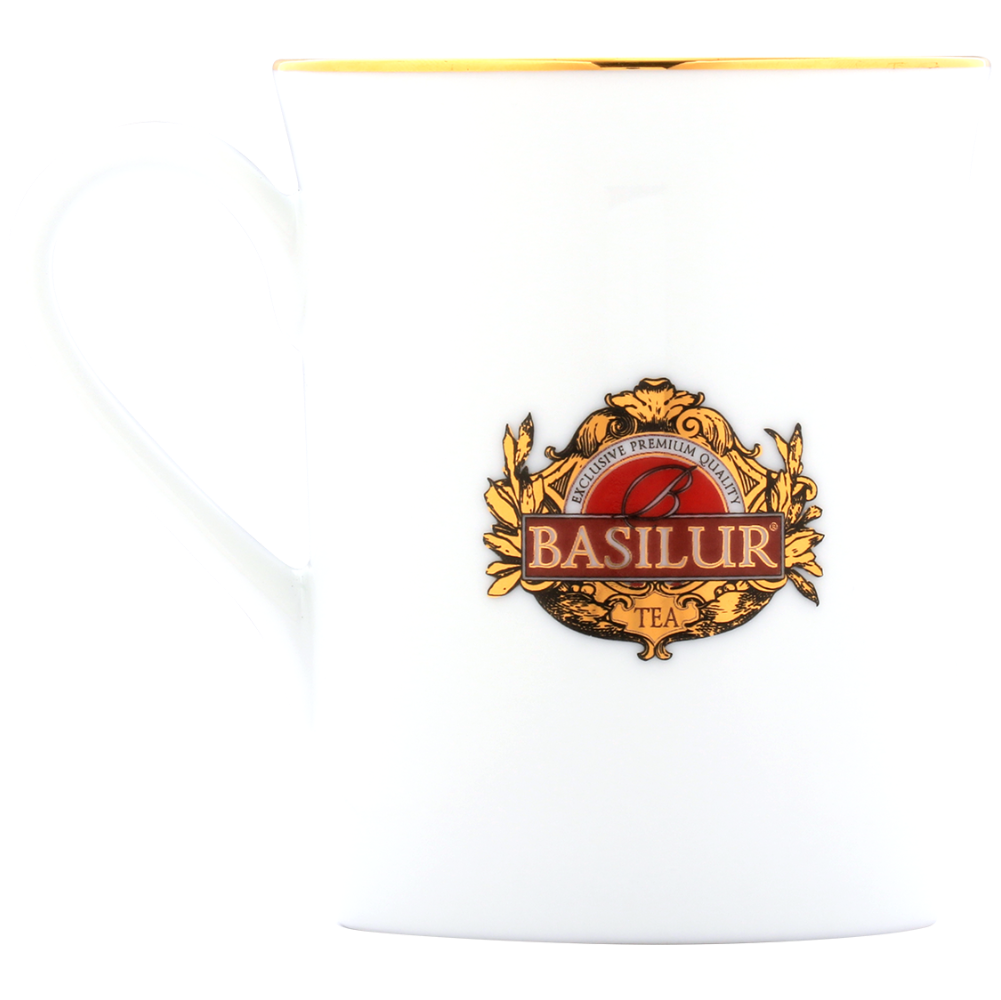 Elegancki porcelanowy kubek Basilur z logo i złotym rantem.