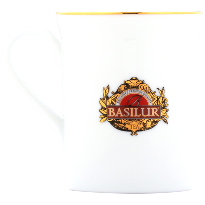 Elegancki porcelanowy kubek Basilur z logo i złotym rantem.