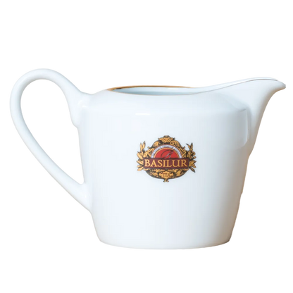 Porcelanowy mlecznik Basilur 320 ml biały z logo marki i złotym wykończeniem
