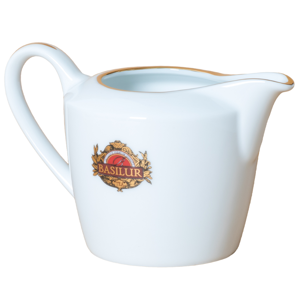 Elegancki mlecznik Basilur z porcelany widok z boku dzióbek i uchwyt