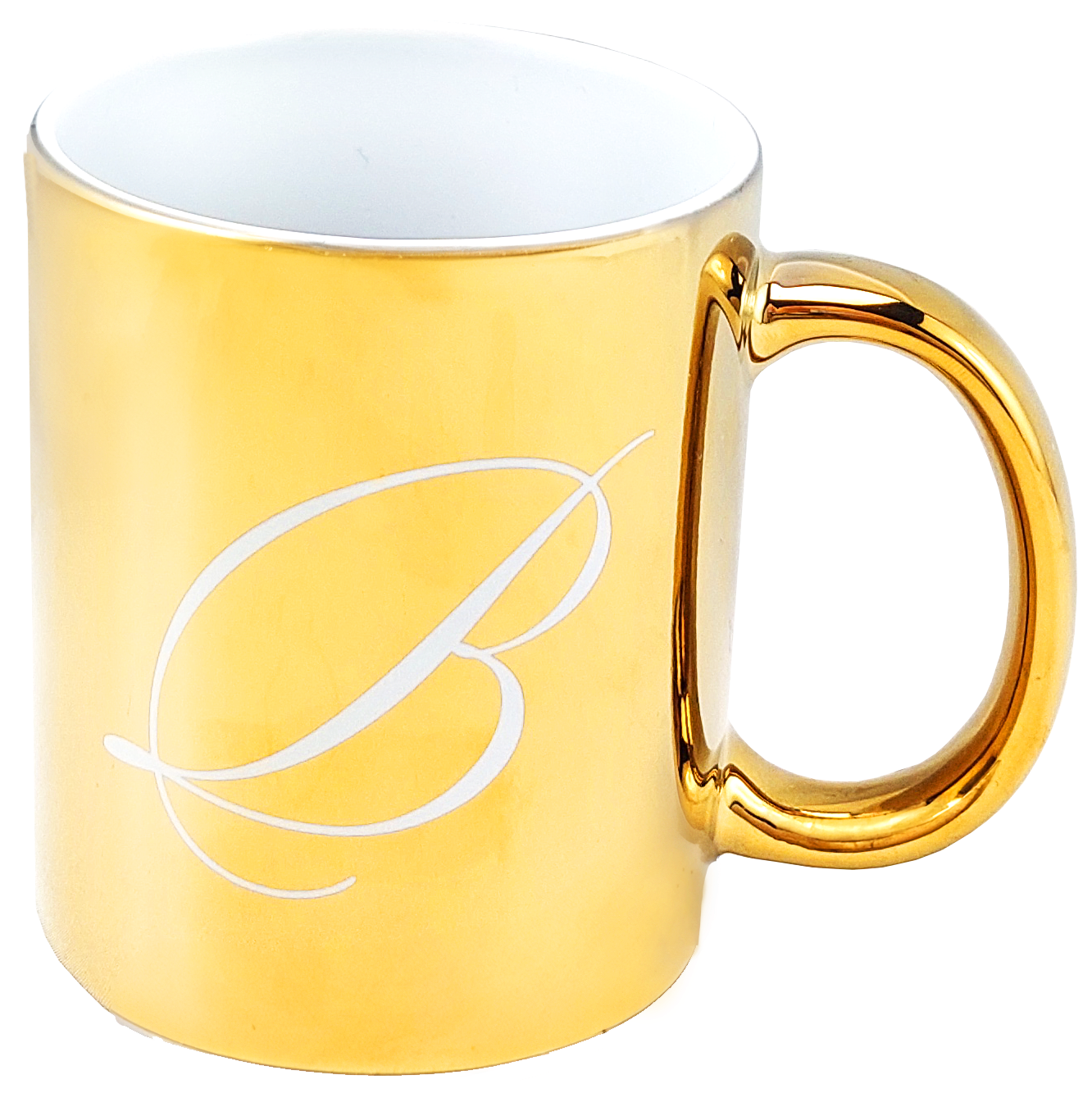 Złoty kubek ceramiczny Basilur z grawerem litery B, pojemność 350 ml.