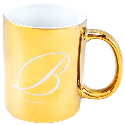 Złoty kubek ceramiczny Basilur z grawerem litery B, pojemność 350 ml.
