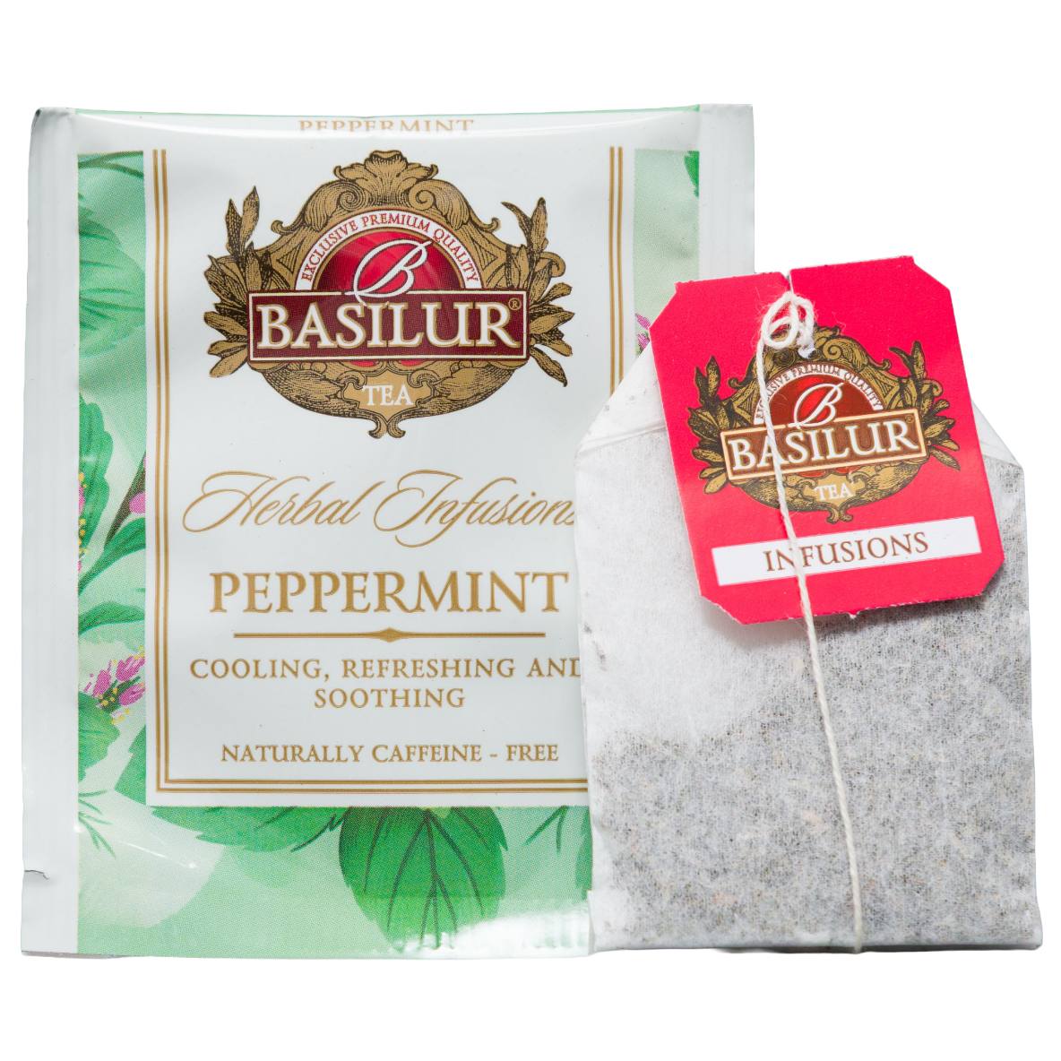 Saszetka Basilur Peppermint z kopertą i torebką herbaty, ziołowa herbata miętowa z mięty pieprzowej 100%.