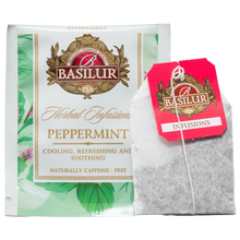 Saszetka Basilur Peppermint z kopertą i torebką herbaty, ziołowa herbata miętowa z mięty pieprzowej 100%.
