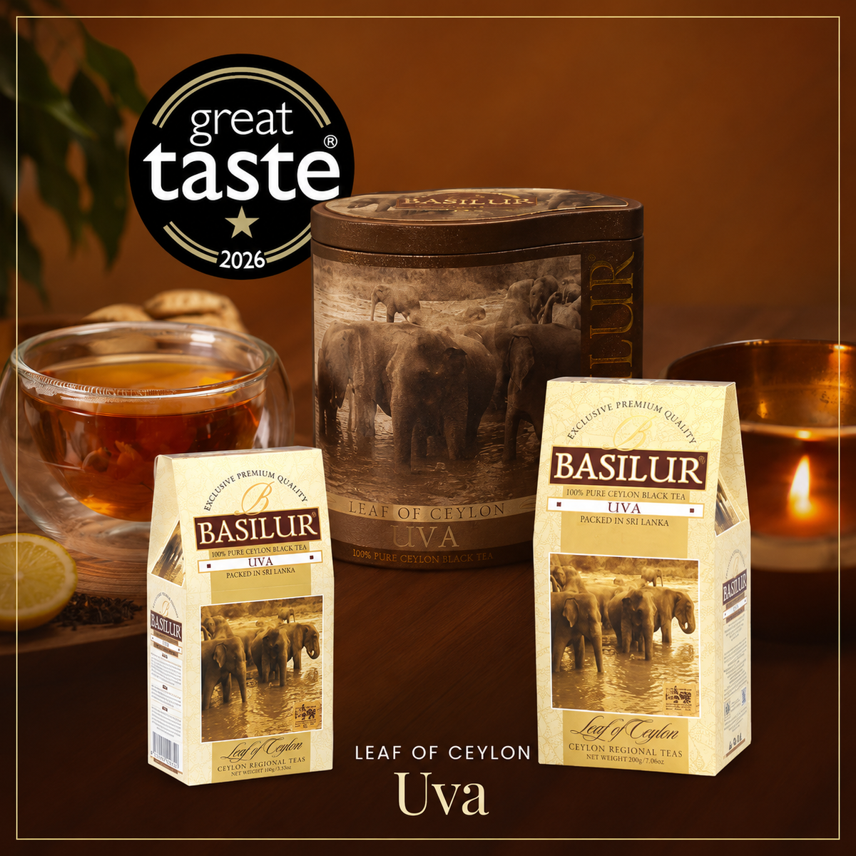 Herbata Basilur Uva w ozdobnej puszce i dwóch opakowaniach, z oznaczeniem Great Taste 2026
