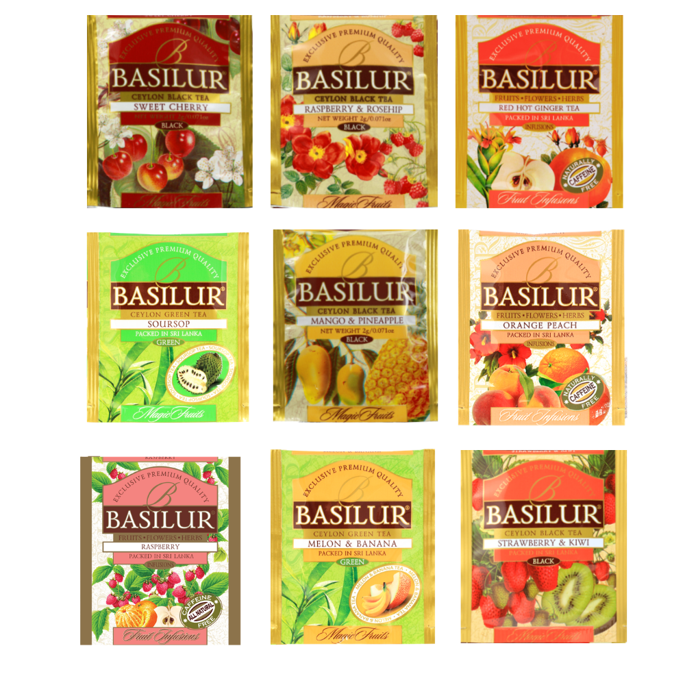 Dziewięć saszetek Basilur w różnych wariantach, m.in. wiśnia, malina, mango z ananasem, pomarańcza z brzoskwinią i truskawka z kiwi