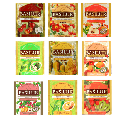 Dziewięć saszetek Basilur w różnych wariantach, m.in. wiśnia, malina, mango z ananasem, pomarańcza z brzoskwinią i truskawka z kiwi