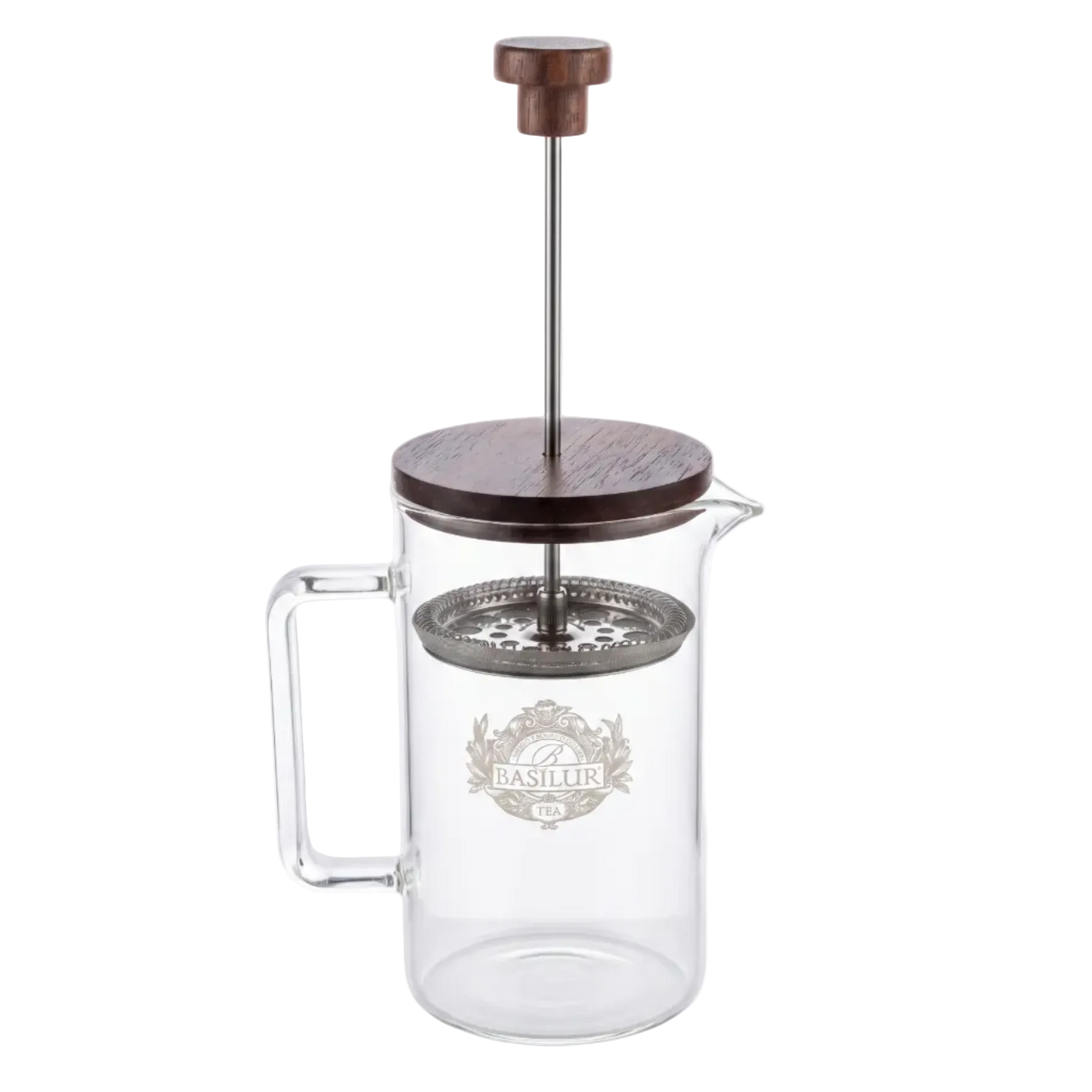 Szklany zaparzacz do herbaty Basilur Tea Press z metalowym filtrem i logo marki