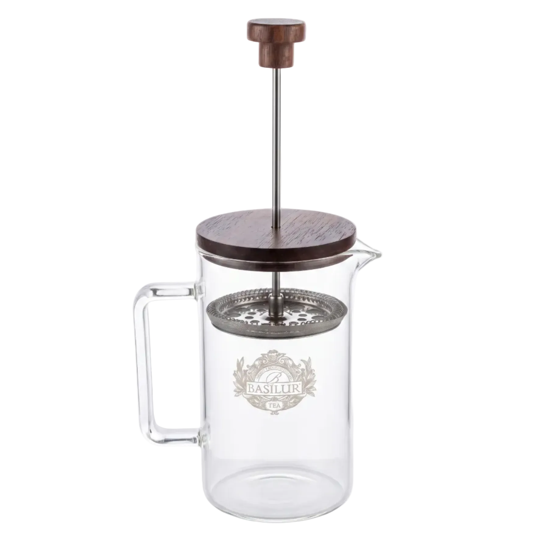 Szklany zaparzacz do herbaty Basilur Tea Press z metalowym filtrem i logo marki