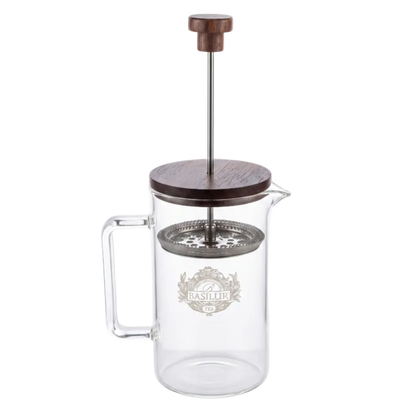 Szklany zaparzacz do herbaty Basilur Tea Press z metalowym filtrem i logo marki