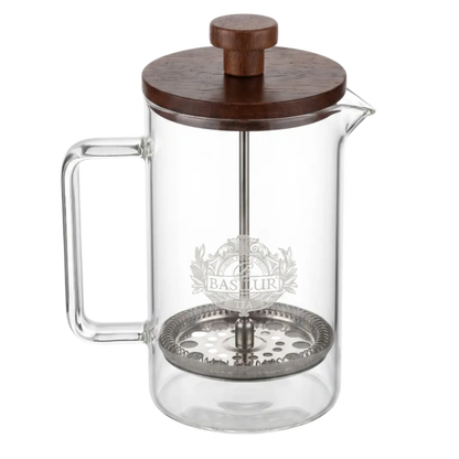 Zaparzacz tlokowy Basilur Tea Press 600 ml szklany dzbanek z filtrem i drewniana pokrywka.