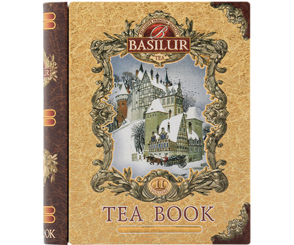 Front opakowania Basilur Tea Book vol. II – złote detale i grafika zimowego zamku.