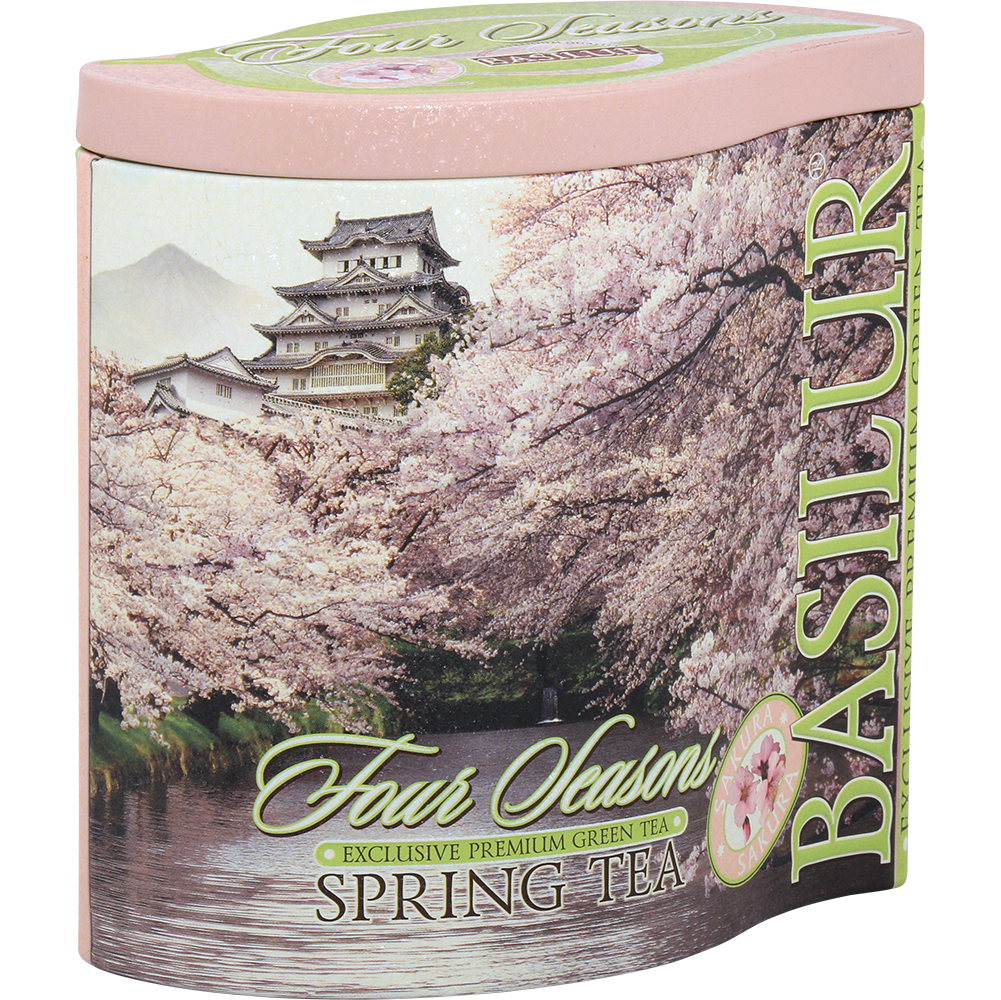 Puszka herbaty Basilur Spring Tea z kolekcji Four Seasons – motyw kwitnących wiśni.
