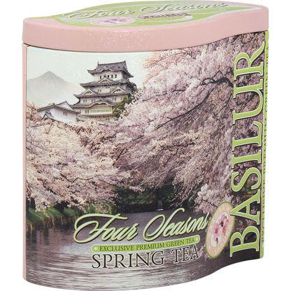 Puszka herbaty Basilur Spring Tea z kolekcji Four Seasons – motyw kwitnących wiśni.