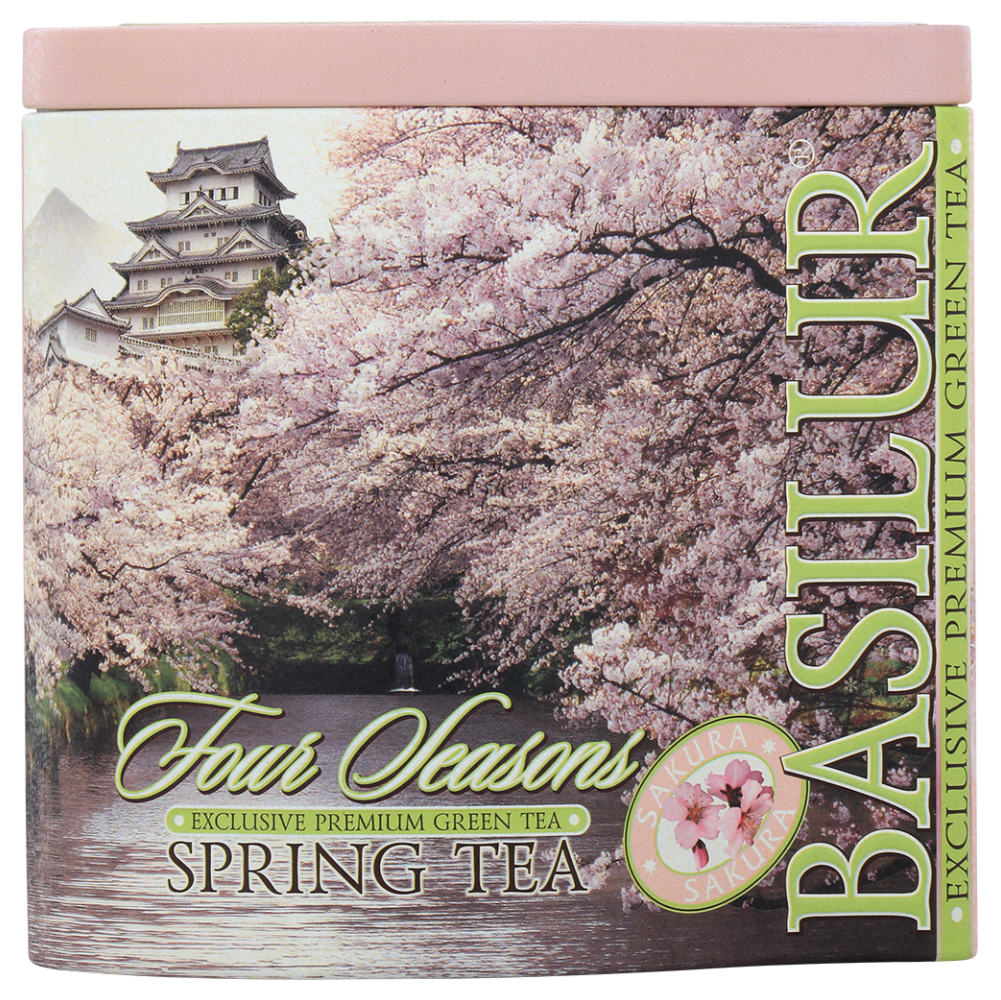 Front puszki Basilur Spring Tea – zielona herbata cejlońska inspirowana wiosną.