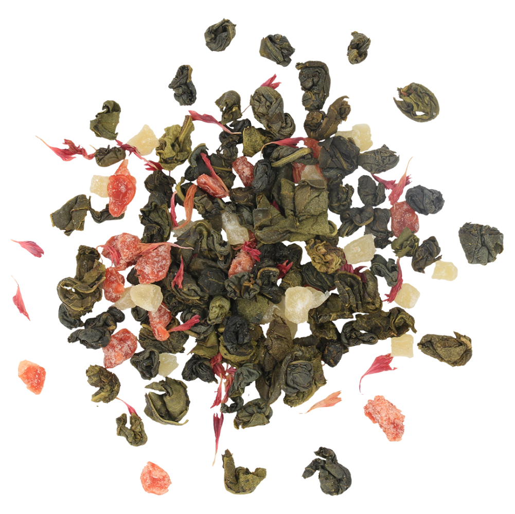 Liście herbaty Basilur Spring Tea z kawałkami owoców i płatkami kwiatów.