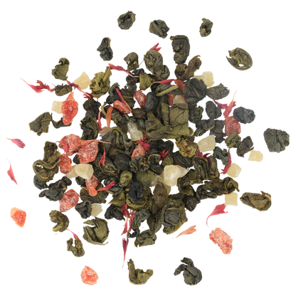 Liście herbaty Basilur Spring Tea z kawałkami owoców i płatkami kwiatów.