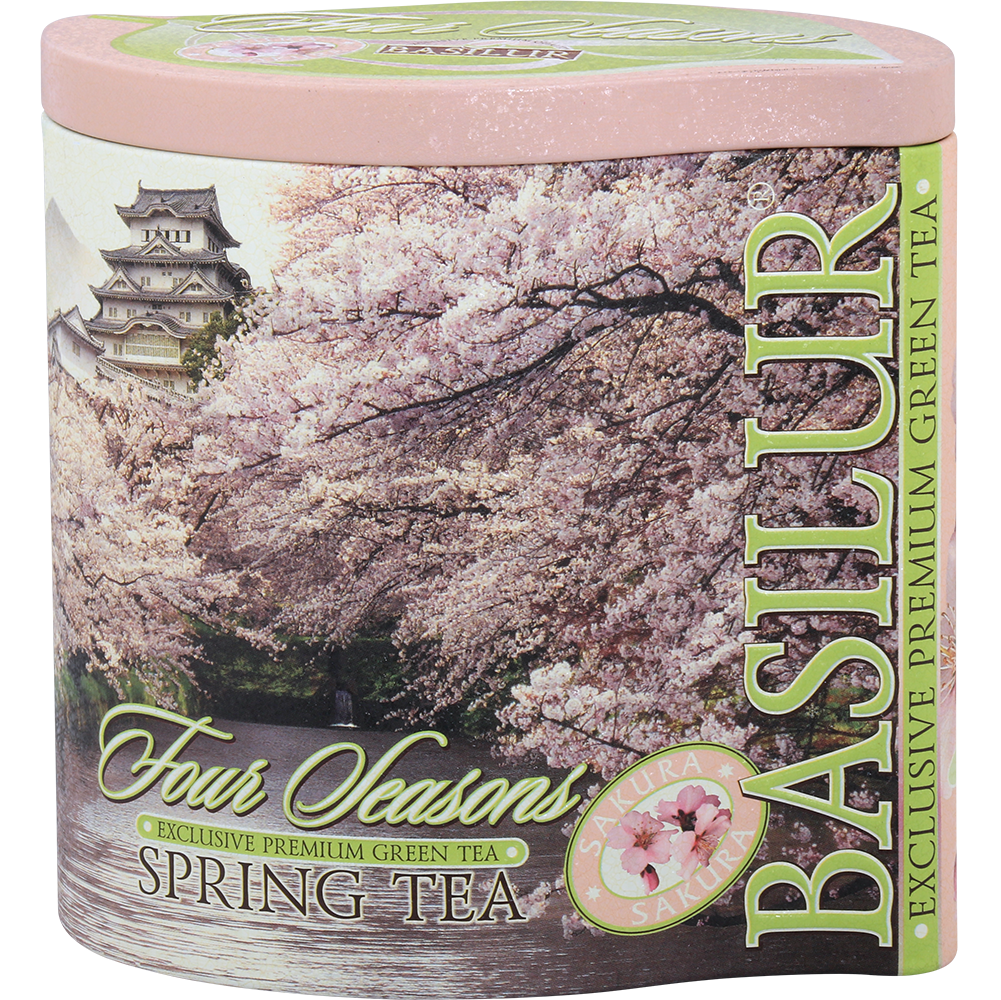 Bok puszki Basilur Spring Tea – eleganckie opakowanie z motywem sakury.