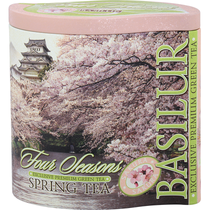 Bok puszki Basilur Spring Tea – eleganckie opakowanie z motywem sakury.