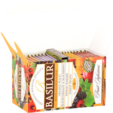 Zestaw herbat owocowych Basilur Fruit Infusions 1 w otwartym pudełku – różne smaki w torebkach.