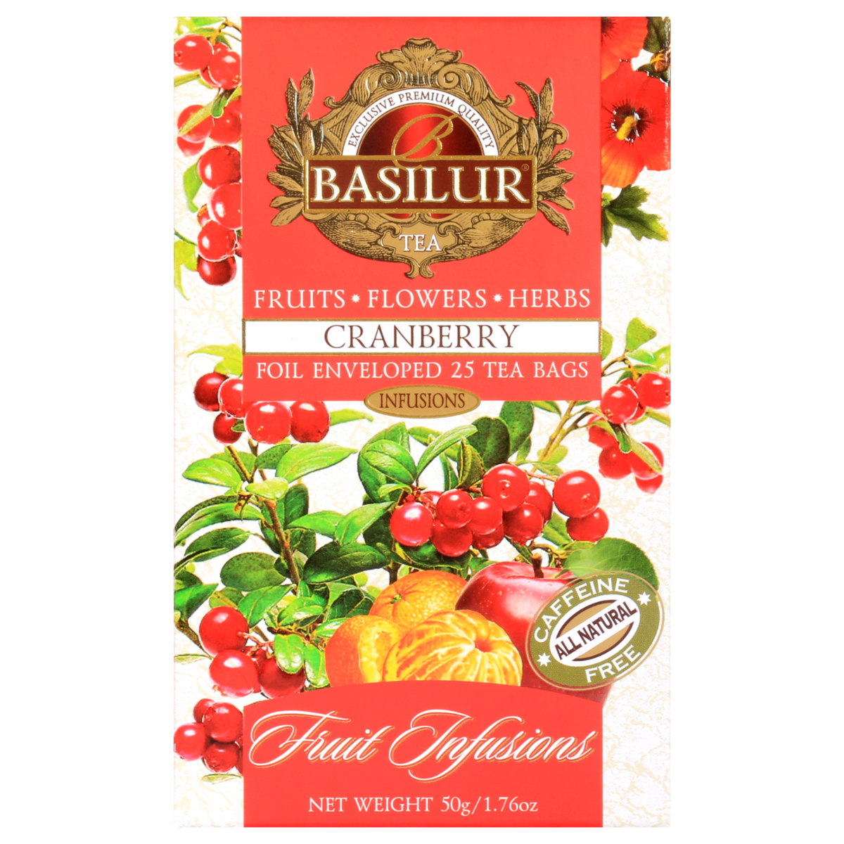 Opakowanie Basilur Cranberry z informacjami o składzie – aromatyczna herbata z owocami i ziołami.