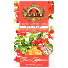 Opakowanie Basilur Cranberry z informacjami o składzie – aromatyczna herbata z owocami i ziołami.