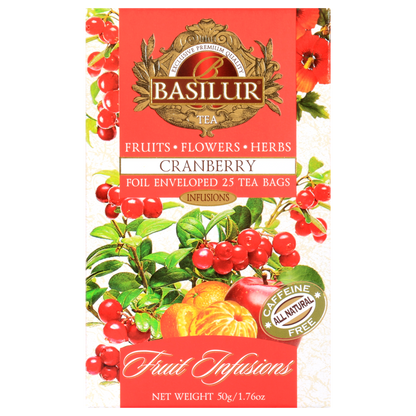 Opakowanie Basilur Cranberry z informacjami o składzie – aromatyczna herbata z owocami i ziołami.