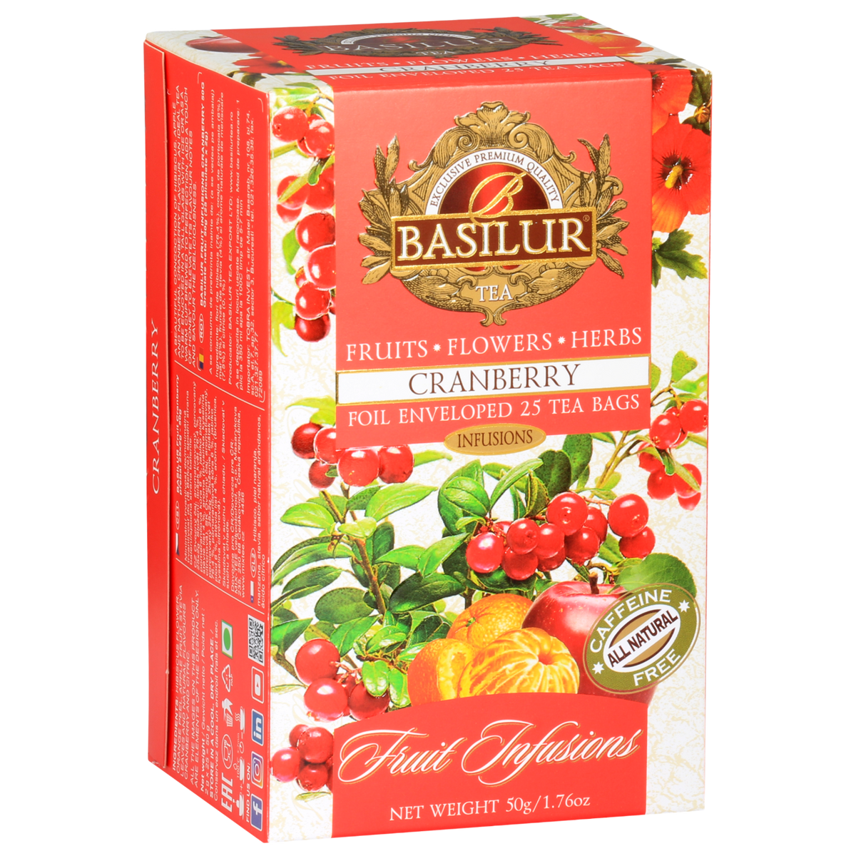 Herbata owocowa Basilur Cranberry w czerwonym opakowaniu – mieszanka z żurawiną, jabłkiem i kwiatami.