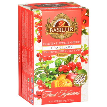 Herbata owocowa Basilur Cranberry w czerwonym opakowaniu – mieszanka z żurawiną, jabłkiem i kwiatami.