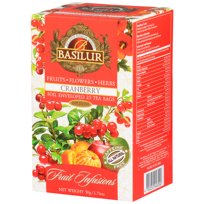 Front opakowania herbaty Basilur Cranberry – owocowa mieszanka z żurawiną, jabłkiem i mandarynką.