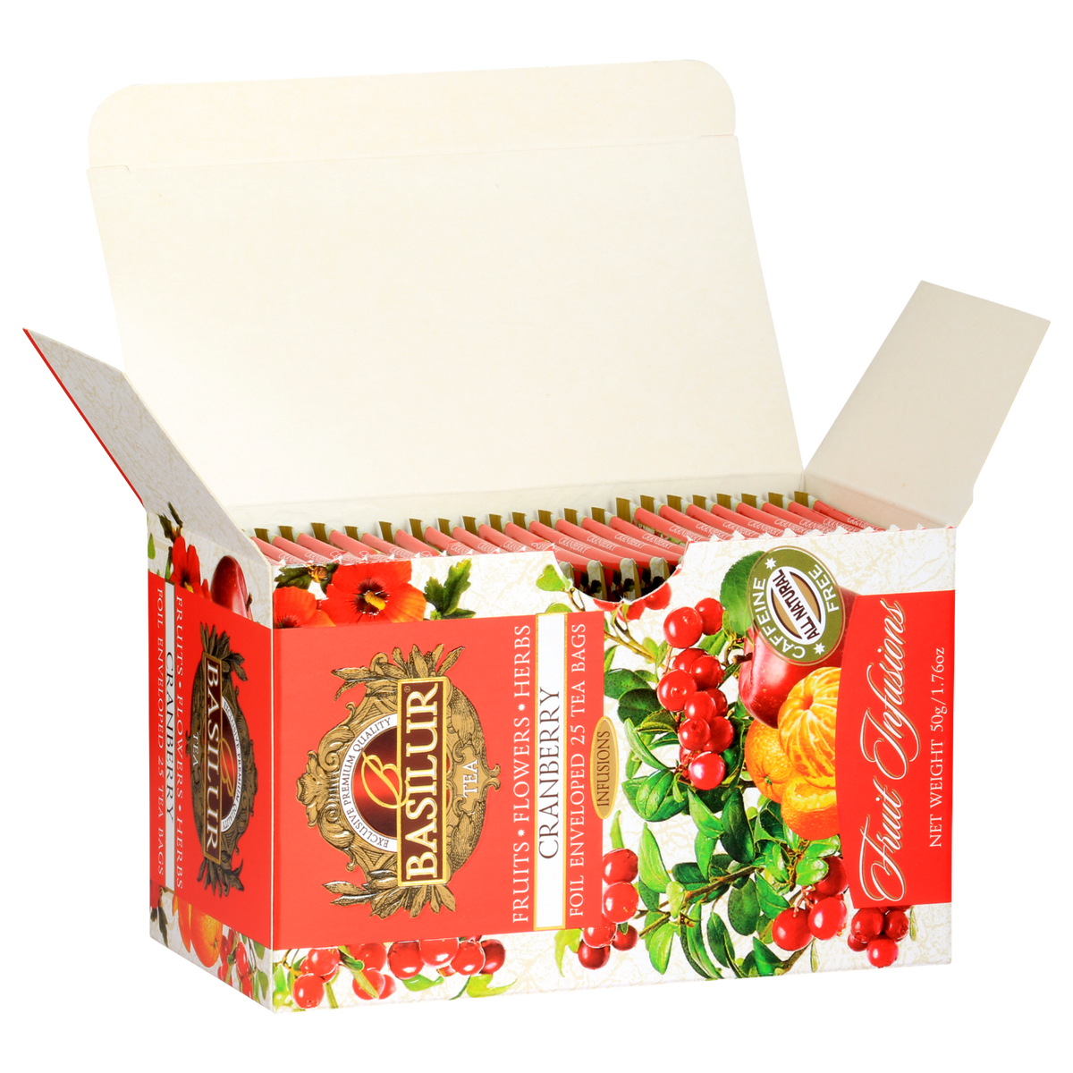 Otwarty kartonik Basilur Cranberry z 25 torebkami herbat w kopertach – napar owocowy o smaku żurawiny.