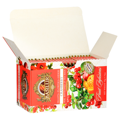 Otwarty kartonik Basilur Cranberry z 25 torebkami herbat w kopertach – napar owocowy o smaku żurawiny.