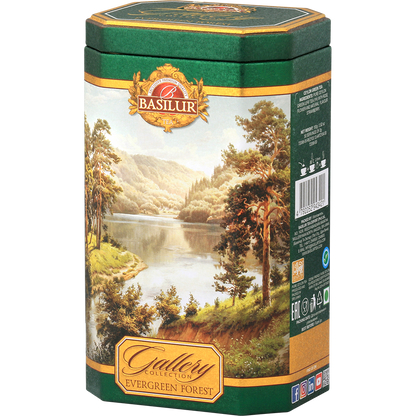 Puszka Basilur Evergreen Forest z ilustracją gór i rzeki – elegancka herbata zielona Ceylon.
