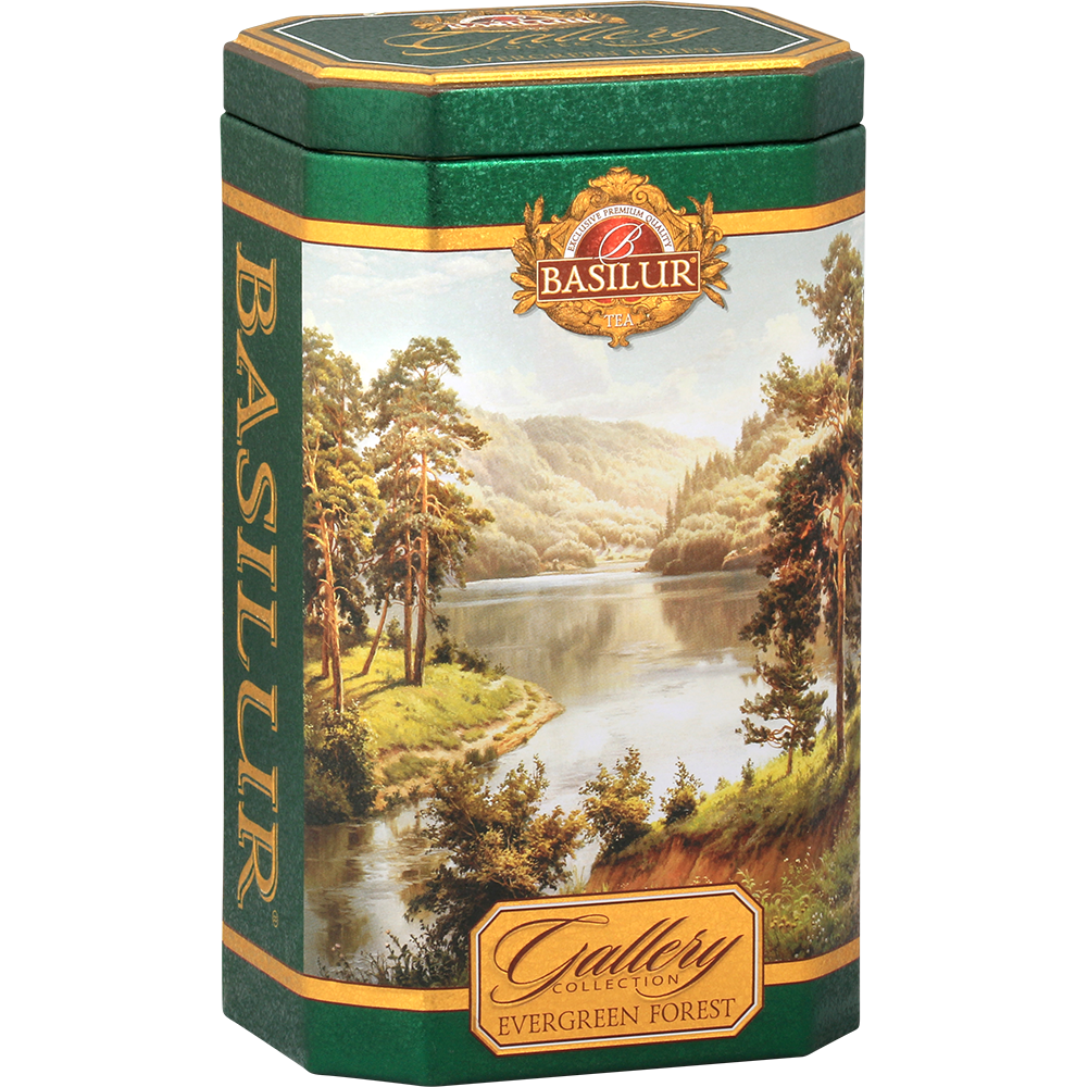 Zbliżenie na puszkę Basilur Gallery Collection Evergreen Forest – herbata premium w kolekcjonerskim opakowaniu.