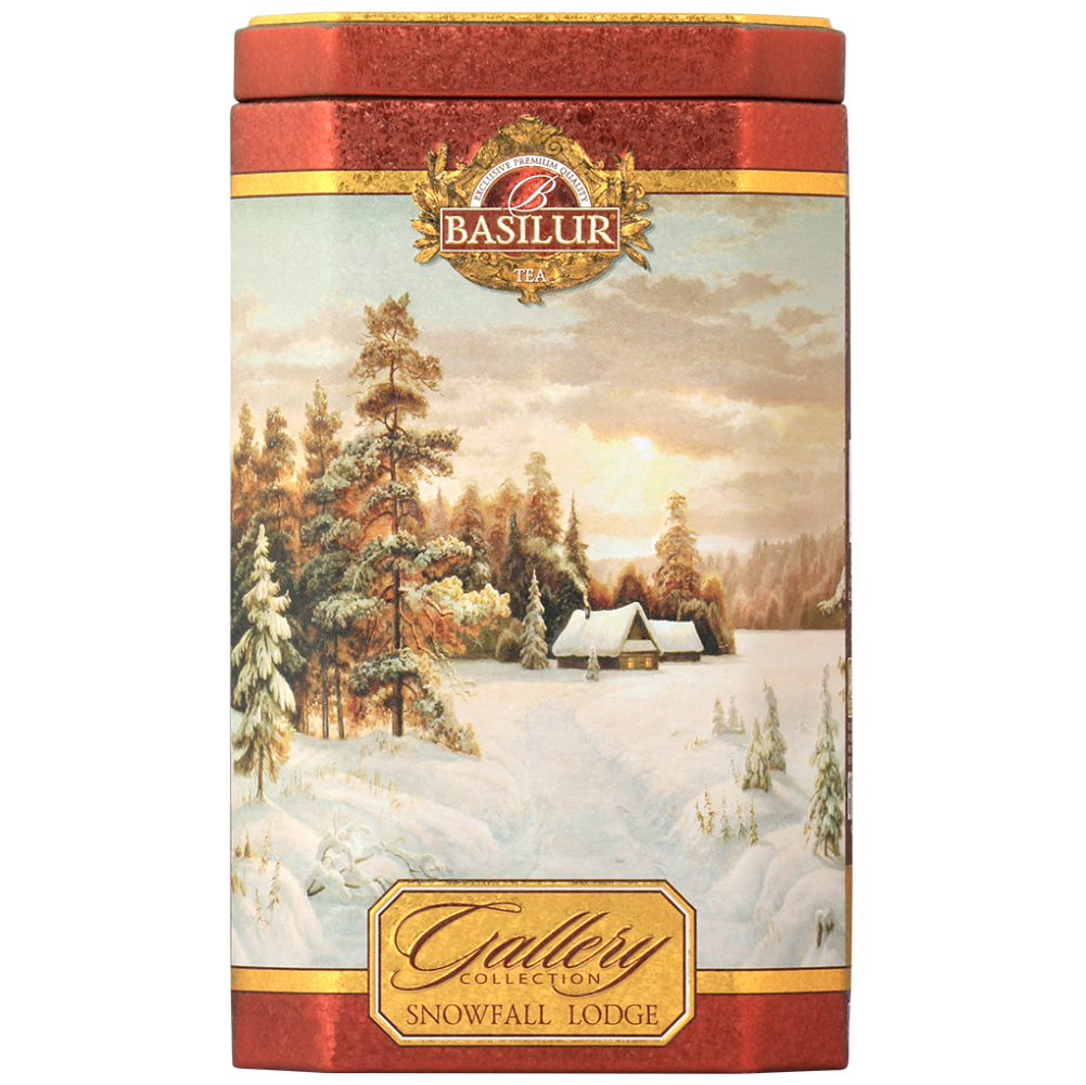 Herbata Basilur Snowfall Lodge w ozdobnej czerwonej puszce z zimowym pejzażem – czarna herbata cejlońska.