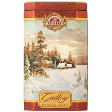 Herbata Basilur Snowfall Lodge w ozdobnej czerwonej puszce z zimowym pejzażem – czarna herbata cejlońska.
