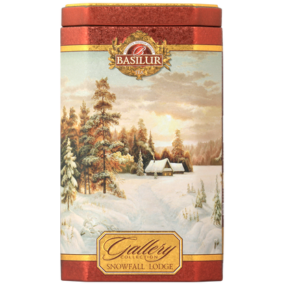 Herbata Basilur Snowfall Lodge w ozdobnej czerwonej puszce z zimowym pejzażem – czarna herbata cejlońska.