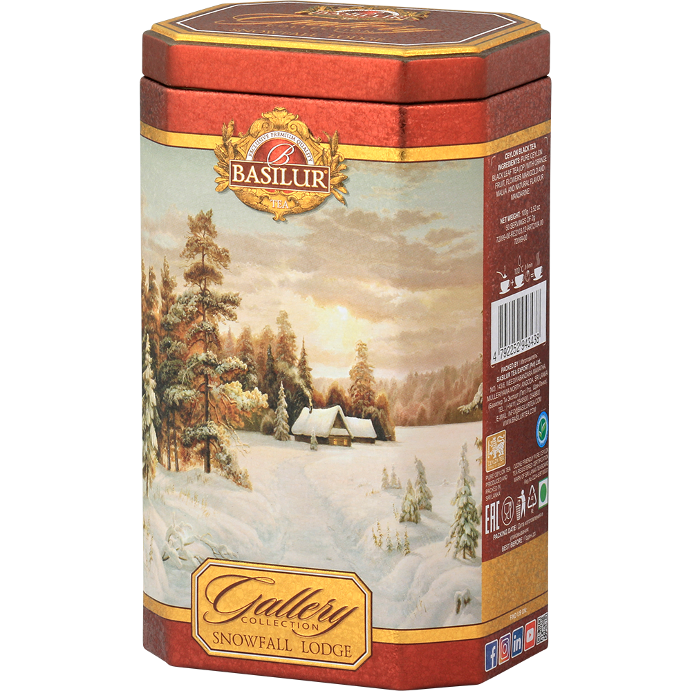 Puszka Basilur Snowfall Lodge z motywem ośnieżonego lasu i chatki – elegancka herbata czarna Ceylon.