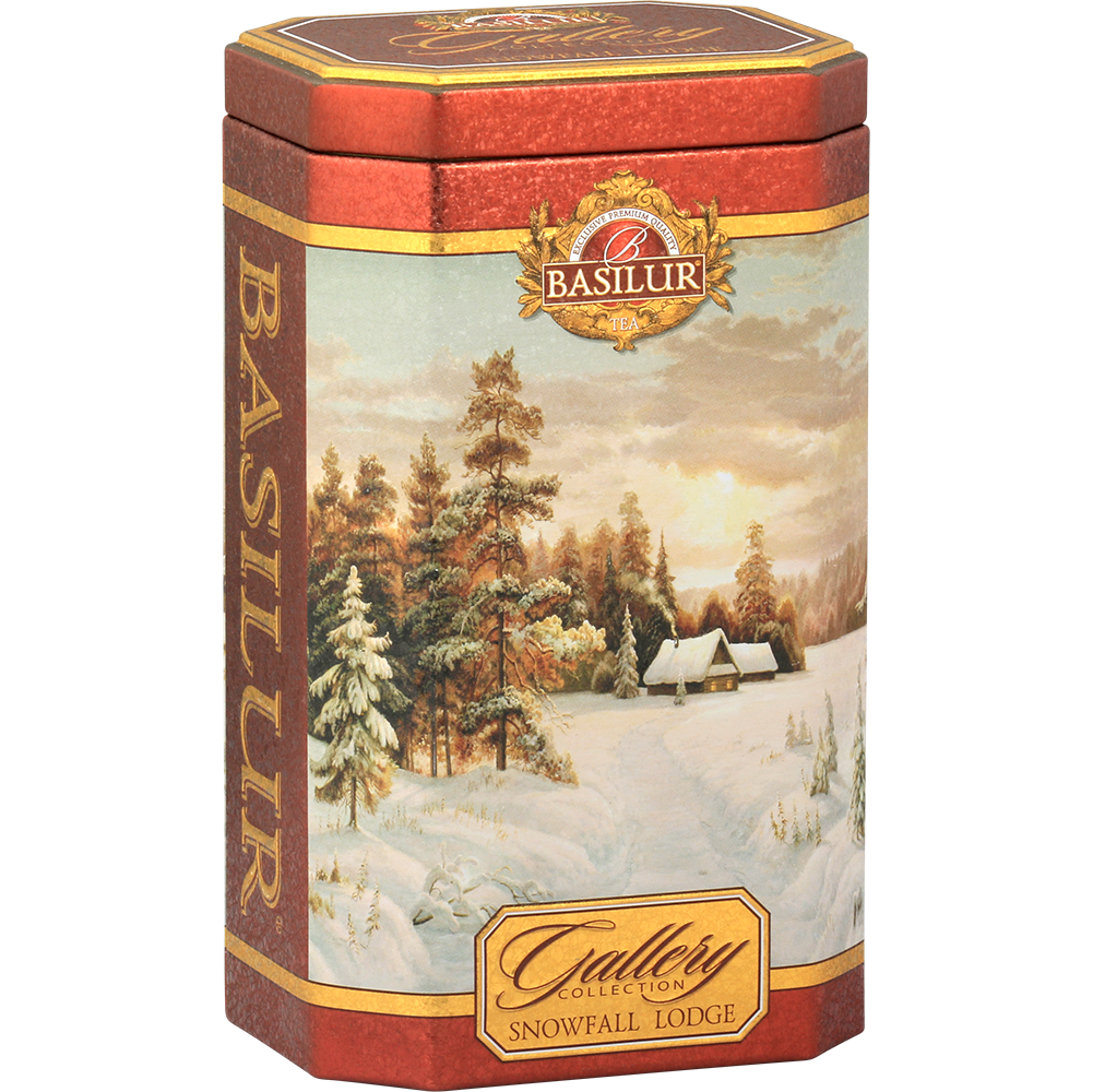 Zbliżenie na puszkę Basilur Gallery Collection Snowfall Lodge – herbata premium w świątecznym stylu.