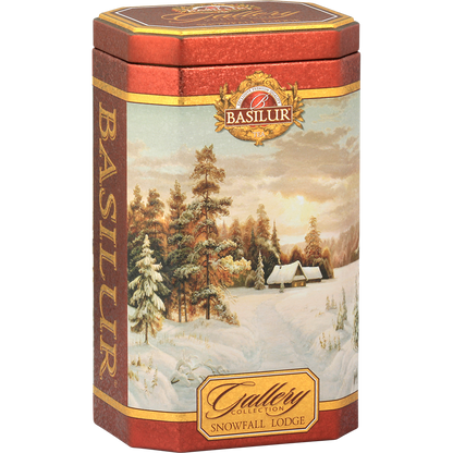 Zbliżenie na puszkę Basilur Gallery Collection Snowfall Lodge – herbata premium w świątecznym stylu.
