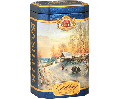 Herbata Basilur Winter Ville w ozdobnej granatowej puszce z zimowym pejzażem – czarna herbata cejlońska.