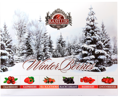 Zestaw herbat Basilur Winter Berries w ozdobnym pudełku z zimowym motywem lasu – herbaty owocowe czarna herbata Ceylon.