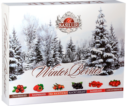 Herbata Basilur Winter Berries w białym pudełku z zimową grafiką – aromatyczna herbata cejlońska z owocami.