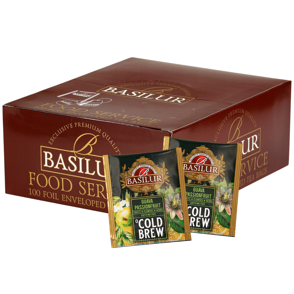 Ekspozytor Basilur Cold Brew Guava Passionfruit z 100 herbatami owocowymi.