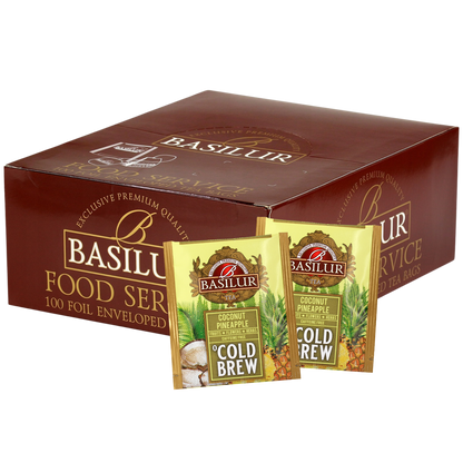 Ekspozytor Basilur Cold Brew Coconut Pineapple z herbatami owocowymi bez kofeiny.