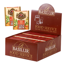 Zestaw Basilur Orange Mango Cold Brew 100 saszetek w brązowym pudełku.