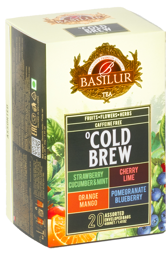 Bok opakowania Basilur Cold Brew z informacjami o herbacie owocowej bez kofeiny.