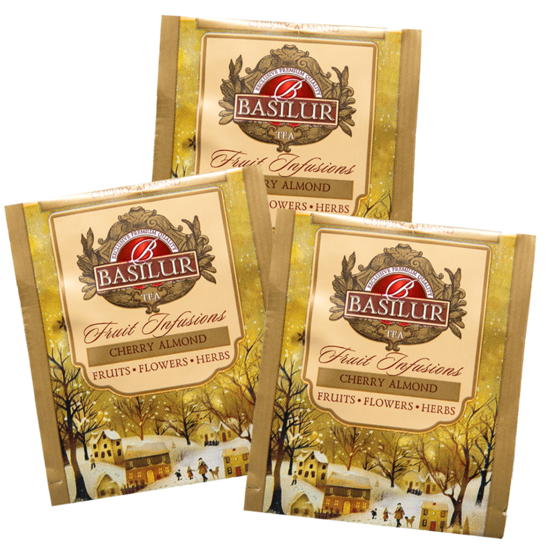 Torebki herbaty Basilur Cherry Almond – pojedyncze koperty z grafiką zimowego miasteczka i logo Basilur.