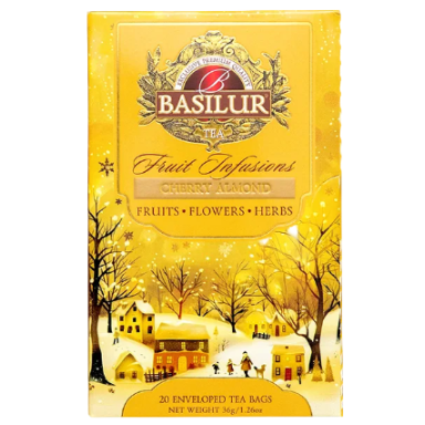 Front opakowania herbaty Basilur Cherry Almond – aromatyczna herbata z wiśnią, migdałem i ziołami.